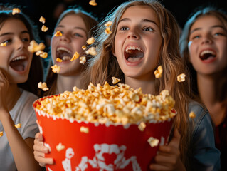 Joyful Movie Night: Friends Sharing Popcorn