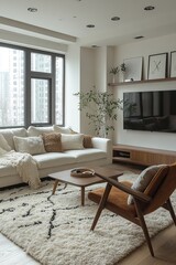 Cozy living room with textured rug, modern furniture, neutral tones, and natural light creates a relaxing and inviting space.