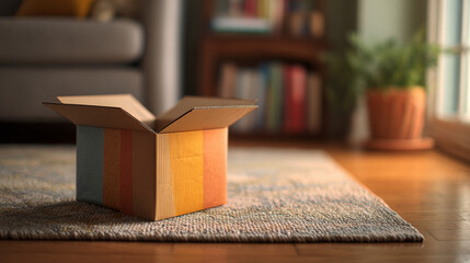  An open cardboard box on the apartment floor, creating an inviting atmosphere.