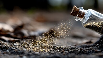 Golden particles spilling from a glass bottle onto the ground