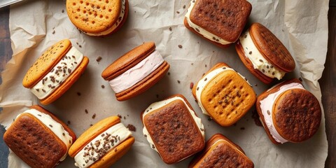 Overhead shot of assorted homemade ice cream sandwiches on parchment paper, oatmeal cookies, picnic food