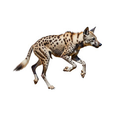 Fototapeta premium Hyena in Action: A solitary hyena leaps across the plains, showcasing the animal's graceful form and predatory prowess. The image embodies raw power. 
