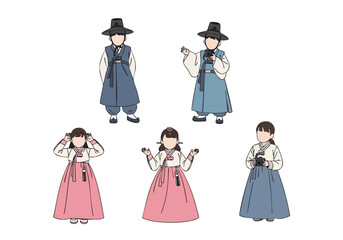 Minimalist Handdrawn People Wearing Traditional Korean Dress Illustration