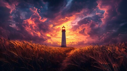 A solitary lighthouse stands in a golden wheat field under a dramatic, fiery sunset sky, emanating light and hope in a surreal landscape