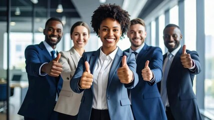 Diverse business team in formal attire giving thumbs up in a modern office. Focus on leadership, teamwork, and success. Bright and professional setting.