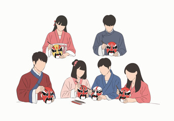 Flat Illustration Chinese Opera Mask Making Workshop with People