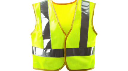 High-visibility reflective safety vest with silver tape, traffic use, Transparent background, PNG file