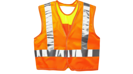 High-visibility reflective safety vest with silver tape, traffic use, Transparent background, PNG file