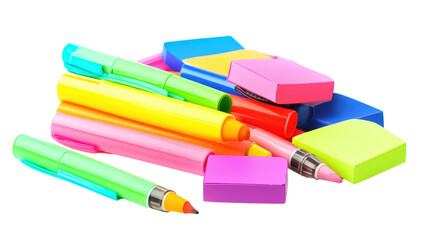 Fototapeta premium Highlighters and sticky notes in bright colors, Transparent background, PNG file