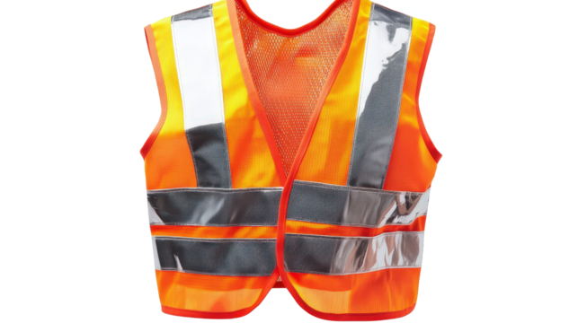 High-visibility reflective safety vest with silver tape, traffic use, Transparent background, PNG file