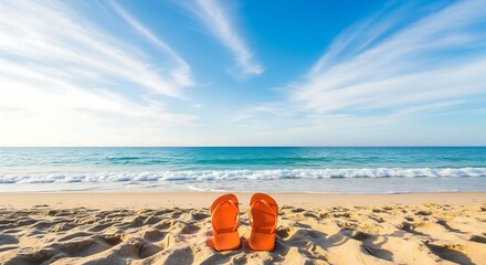 Serene beach scene: orange flip-flops on sandy shore, turquoise ocean, sunny sky