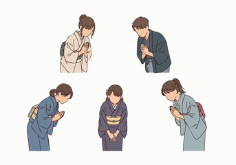 Flat Illustration Japanese People Wearing Kimono Bowing Showing Respect and Gratitude