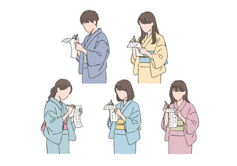 Minimalist Line Art People Wearing Yukata Holding Paper Craft Category