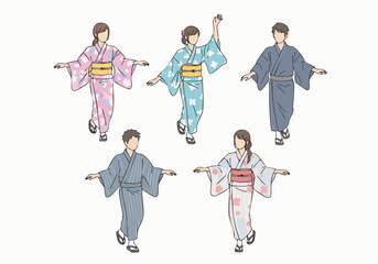 Cute Handdrawn Traditional Yukata Style Group People Illustration