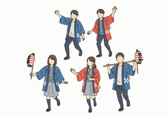 Handdrawn People Celebrating Japanese Summer Festival in Traditional Clothing Illustration