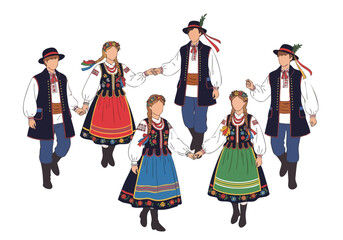 Detailed Flat Illustration of Polish Folk Dance Ensemble Group of People