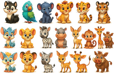 Funny cartoon animal set with cute pets and wild zoo characters
