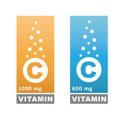 Vitamin C orange and structure. Pill vitamins complex - icon, vector, label.