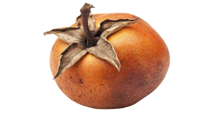 Medlar fruit with soft brown skin and star-shaped bottom, aged appearance, Transparent background, PNG file