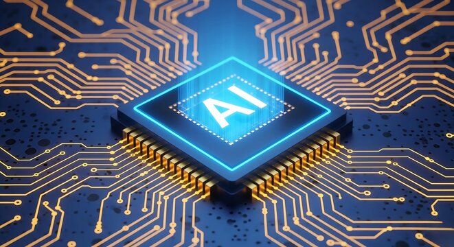 Ai microchip: futuristic technology, abstract blue and gold circuit board design, innovative digital intelligence concept.