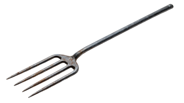 Metal pitchfork with four tines Transparent background, PNG file