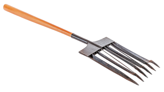 Metal rake head with wooden handle Transparent background, PNG file