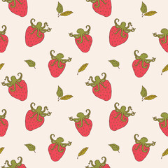 Seamless surreal vector pattern featuring a strawberry with an octopus. A bold and imaginative combination of fruit and sea creature in a colorful sketch style. Perfect for prints, textiles