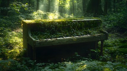 An old, moss-covered piano sits in a sun-dappled forest glade, bathed in ethereal light, symbolizing nature reclaiming forgotten artistry