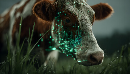 Dairy cow overlaid with digital data points tech in agriculture. Smart farming, innovation, artificial intelligence for dairy cattle. Farming, tracking, research, cattle, automation. Connection to