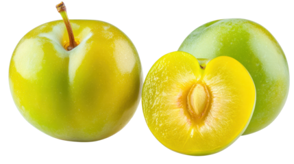 Green plum with smooth skin and fresh stem, tart variety, Transparent background, PNG file