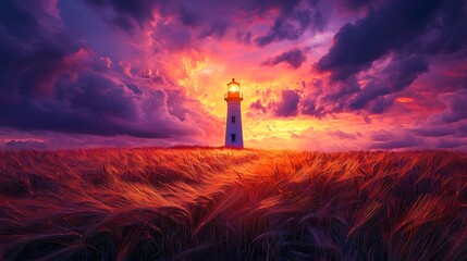 A solitary lighthouse stands in a golden wheat field under a dramatic, fiery sunset sky, emanating light and hope in a surreal landscape