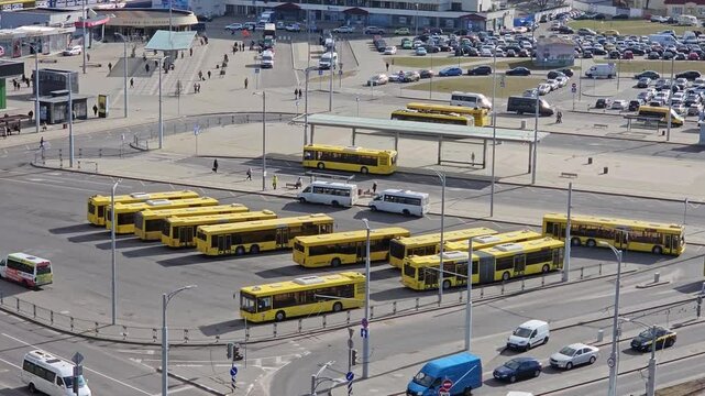MINSK - MAR 28, 2025: A large group of yellow buses are parked in a lot. The buses are parked in a row and are all facing the same direction. The scene is busy with cars and people walking around
