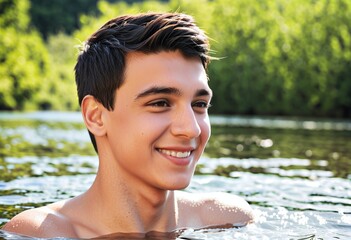 Portrait of a young man soaked in natural water with copy space