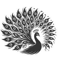 Exotic Peacock Silhouette with Fanned Feathers &ndash; Black Vector Graphic for Decorative Bird Art and Nature Designs