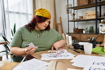 Creativity flows in an art studio where a pretty woman engages in artistic exploration