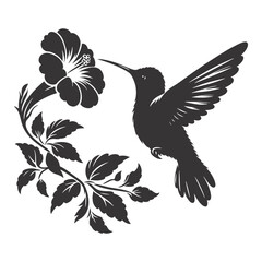 Hummingbird silhouette perched black vector for floral art bird graphics and garden nature designs