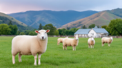 Fototapeta premium Peaceful sheep farm with white sheep grazing on green grass in front of farmhouse and rolling hills under soft sky