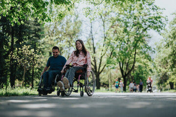 Obraz premium Two people in wheelchairs navigate through a lush park, sharing laughter and joy within the serene outdoor environment.