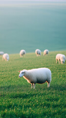 Naklejka premium Peaceful sheep grazing on lush green hillside under soft natural light with calm blue sky