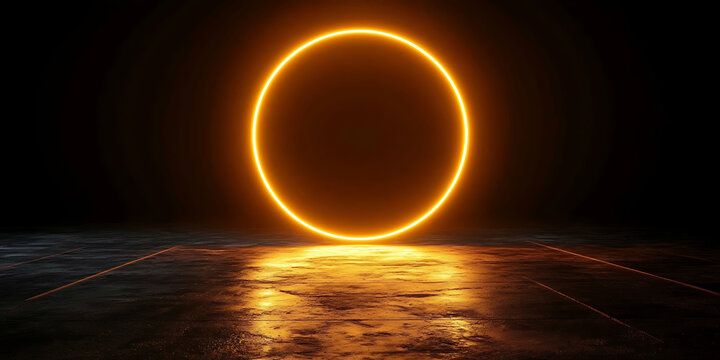 Glowing orange circle with reflective surface in dark room abstract background futuristic sci fi concept for technology presentation and banner design elegant high quality - Powered by Adobe