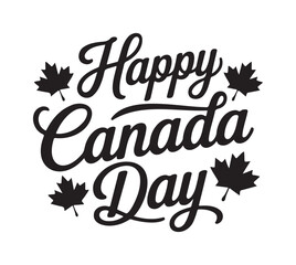 Elegant "Happy Canada Day" Calligraphy with Decorative Maple Leaves - Monochrome
