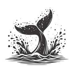 Marine Whale Tail Silhouette Splashing Water – Black Vector Graphic for Ocean Wildlife and Nature Clipart