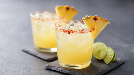 Pineapple margarita cocktail served in elegant glasses with ice and chili powder rim, garnished with fresh pineapple slice and lime wedge