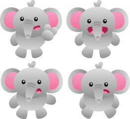 Adorable collection of four cartoon baby elephants in various poses and expressions, from happy to surprised. Perfect for children's books, nursery decor, and cute animal themes.