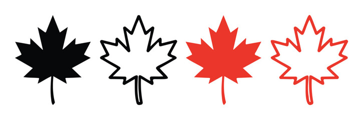 Fototapeta premium Canadian Maple Leaf Icon Set in Red and Black Solid and Outline Styles 