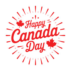 "Happy Canada Day" Red Typography with Festive Sunburst and Maple Leaves
