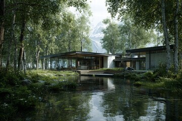 Fototapeta premium Modern House Exterior Nestled In Lush Forest With Pond Reflection