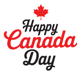 "Happy Canada Day" Script Greeting in Red and Black with Maple Leaf
