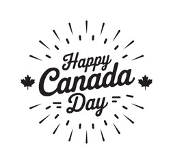 "Happy Canada Day" Script with Festive Sunburst and Maple Leaves  Monochrome

