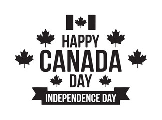 Monochrome "Happy Canada Day" Emblem with Flag, Leaves, and Independence Day Banner
